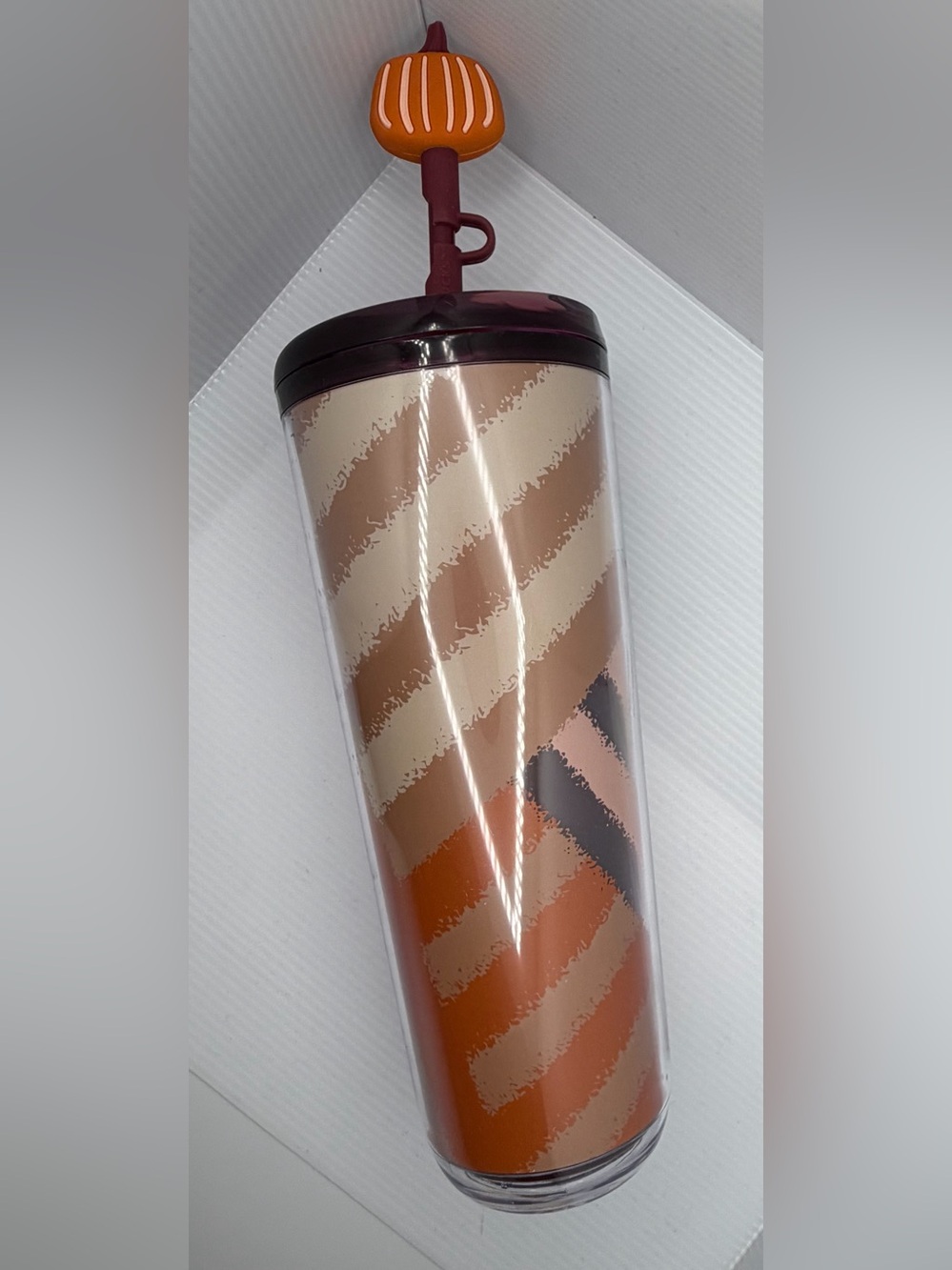 Starbucks Diagonal Striped Tumbler - Brown, Cream & Orange With Pumpkin Topper